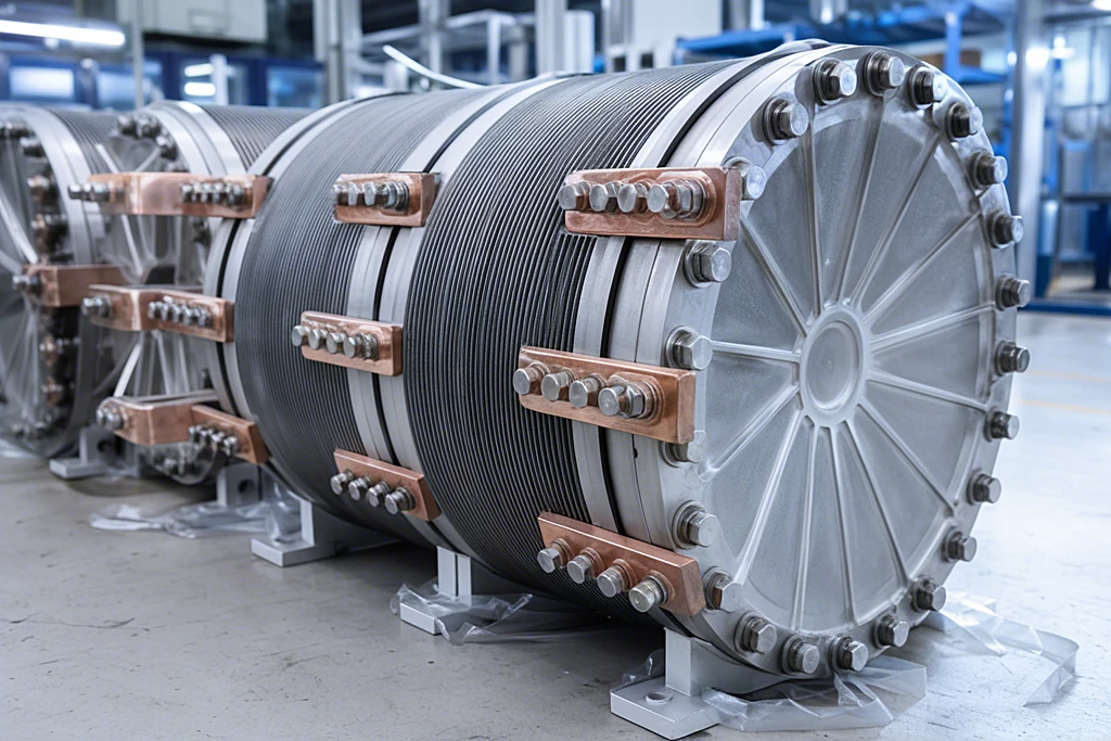 Industrieller Elektrolyseur-Stack mit gestapelten Zellplatten und Kupfer-Stromschienen