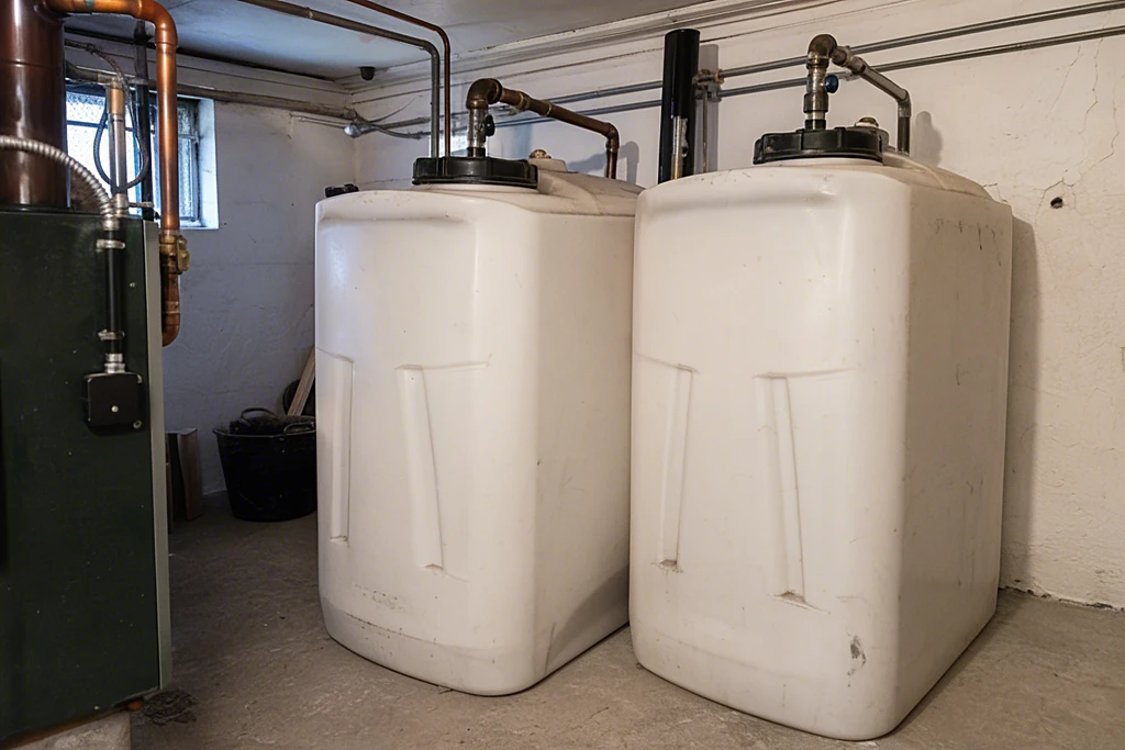 Zwei weiße Kunststoff-Batterietanks für Heizöl im Keller eines Wohnhauses, darüber Kupferleitungen zum Kessel