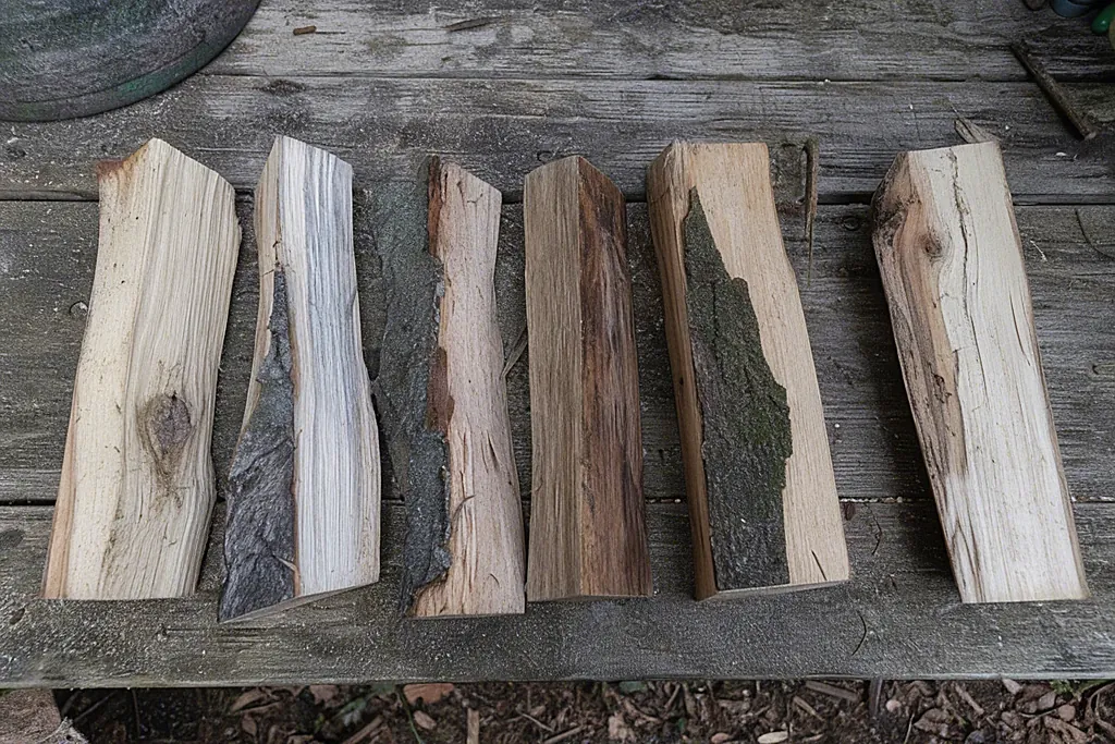 Sechs gespaltene Scheite verschiedener Holzarten nebeneinander mit unterschiedlicher Rinde und Maserung