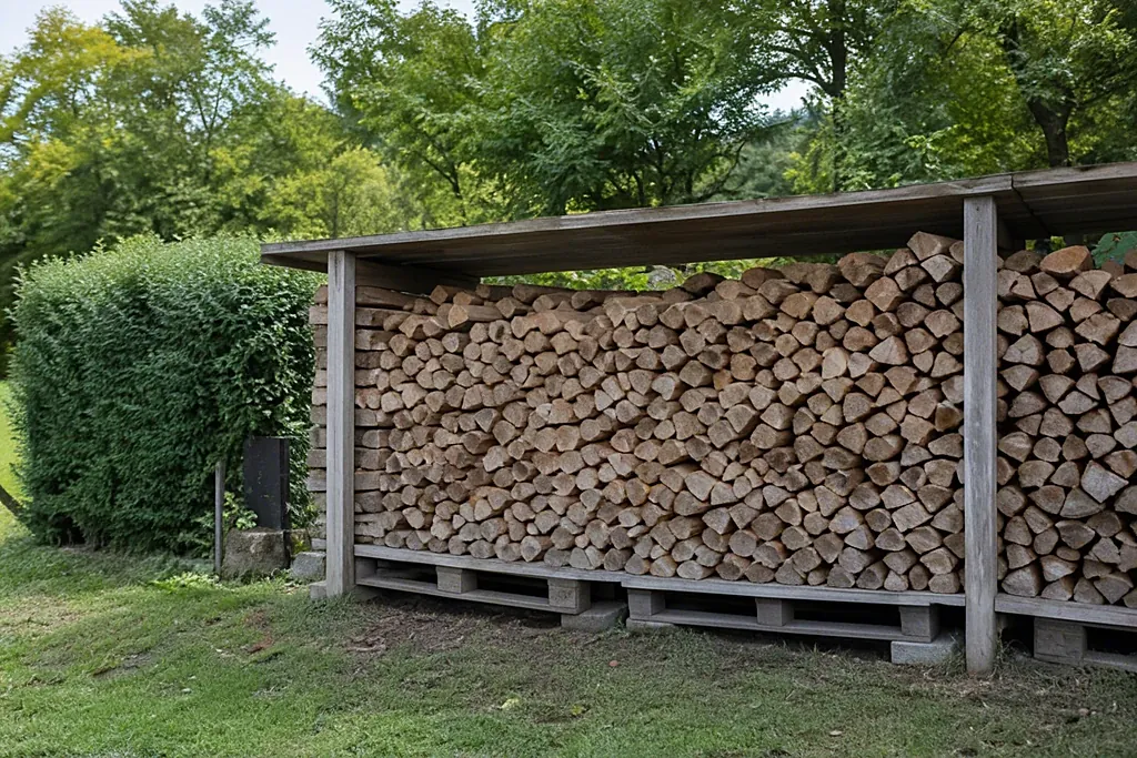 Brennholzstapel unter einem offenen Holzdach, auf Paletten aufgebockt, Seiten frei zur Belüftung