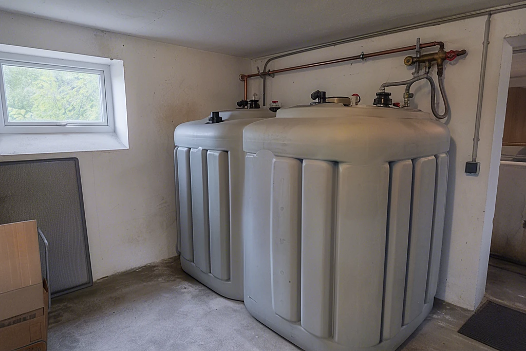 Zwei Kunststoff-Batterietanks für Heizöl im Keller, darüber Kupferleitung mit Absperrhahn