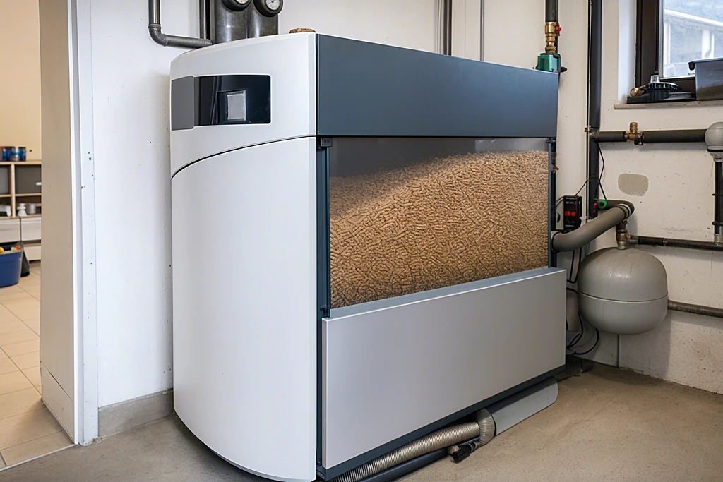 Moderne Pelletheizung mit Vorratsbehälter voller Holzpellets