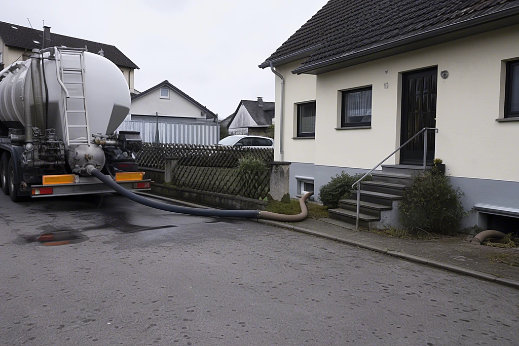 Silo-Tankwagen vor einem Einfamilienhaus, ein dicker Schlauch führt über die Einfahrt zum Kellerfenster