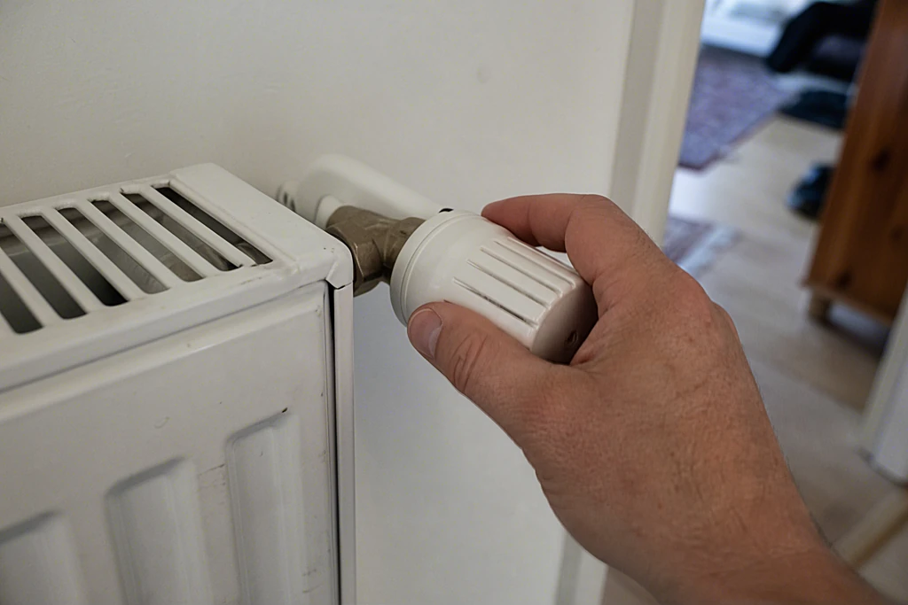 Hand stellt ein Thermostatventil an einem Heizkörper ein