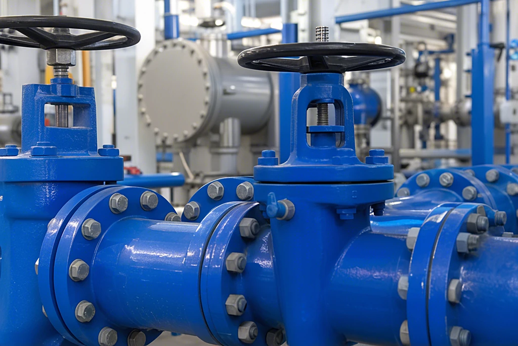 Blau lackierte Rohrleitungen mit Flanschverbindungen und Handventilen in einer Industrieanlage